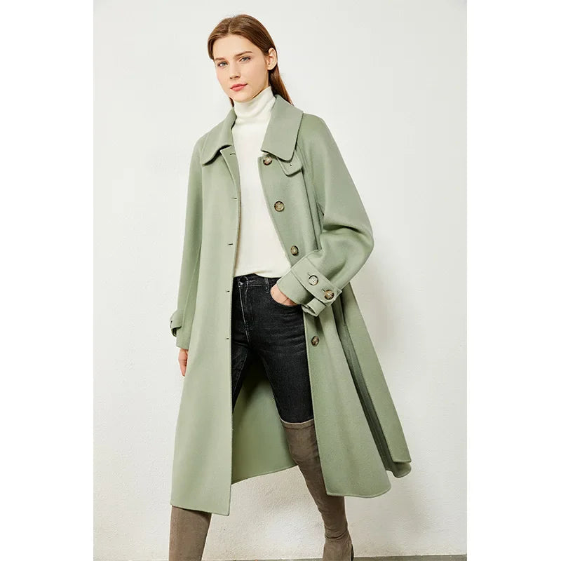 Damen Mantel aus 100 Prozent Wolle mit solidem Revers und Gürtel