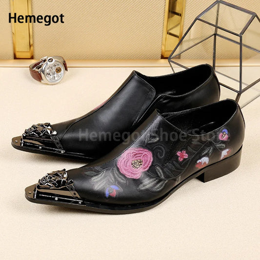 Men's Embroidery Flower Leather Shoes Iron Pointed Shoes Genuine Leather Shoes Banquet Wedding Shoes Party Brogue Shoes