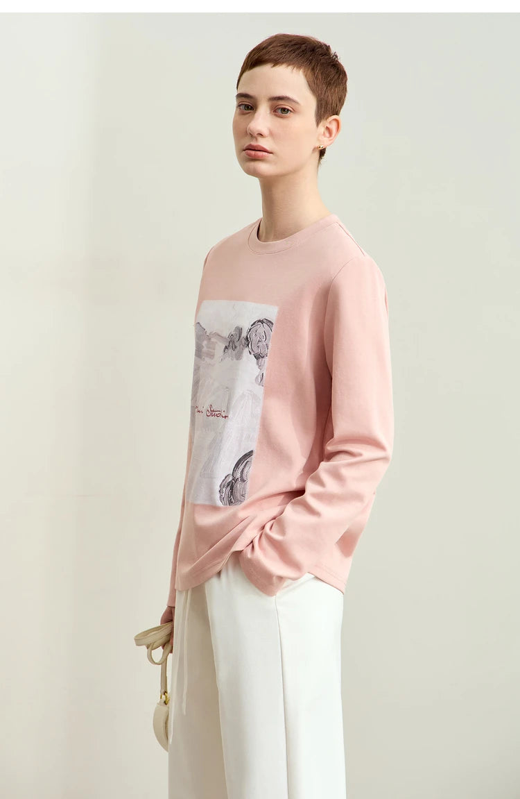 Damen T-Shirt im Minimalismus-Stil mit Kunstdruck und Stickerei für den Herbst