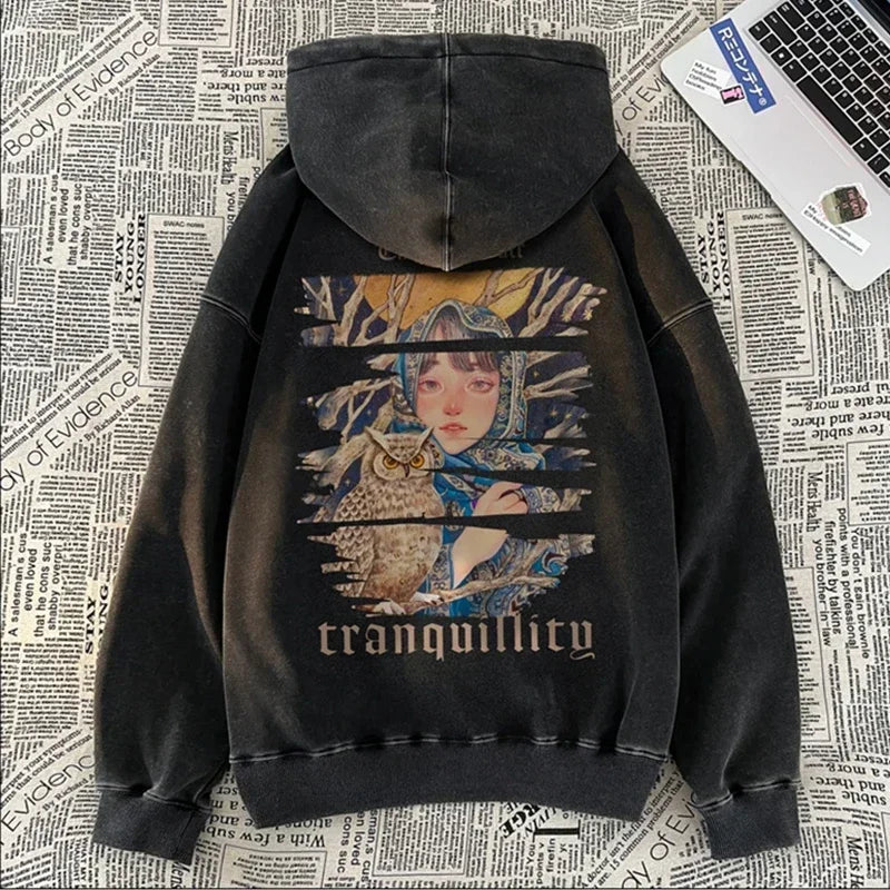 Neue Herren Kunst Eule Mädchen Grafikdruck Kapuzenpullover Gewaschen Distressed Harajuku Mode Pullover Hoodies Y2K Streetwear Hoody