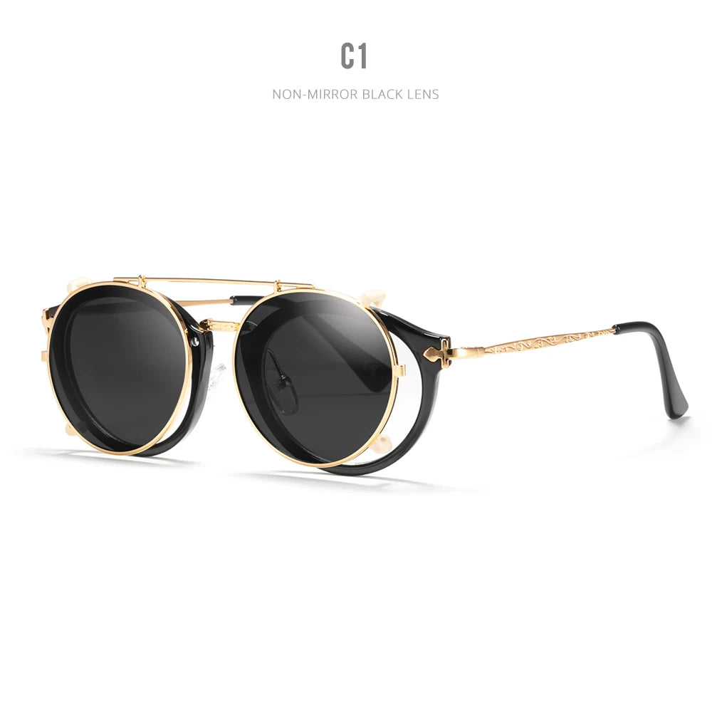 Sonnenbrille rund Steampunk Clip-On abnehmbar polarisiert Markenbox Herren