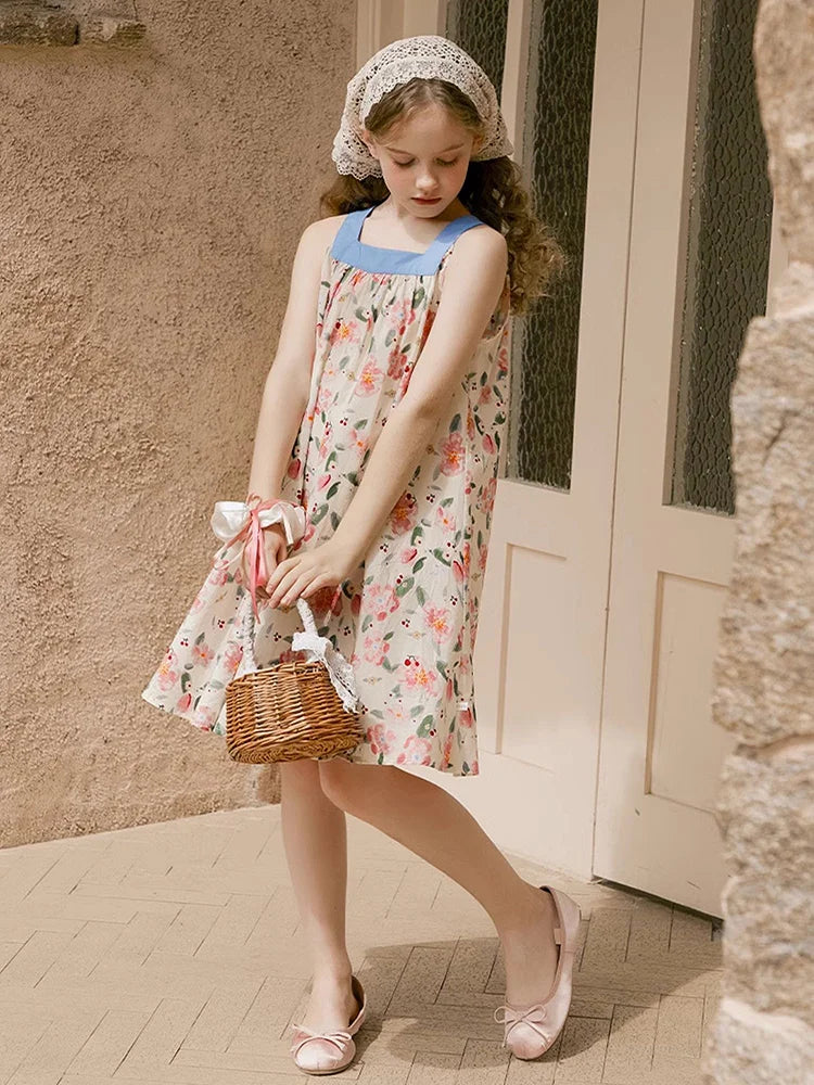 Sommerkleid für Mädchen aus 100% Baumwolle mit kurzen Ärmeln und niedlichem blauen Blumenmuster – geeignet für Kinder von 3 bis 14 Jahren (110cm-170cm)