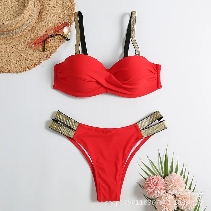 Sexy Bikini-Set in Rosenrot mit Strasssteinen – Push-Up-Badeanzug für Damen am Strand oder Pool