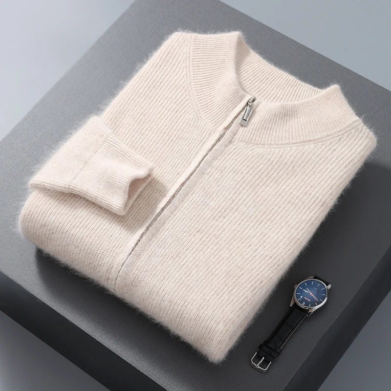 Pullover aus 100 % reinem Nerz-Kaschmir für Herren, Stehkragen, verdickte Strickjacke, Herbst/Winter, warm, lässig, gestrickt, große Oberteile mit Reißverschluss