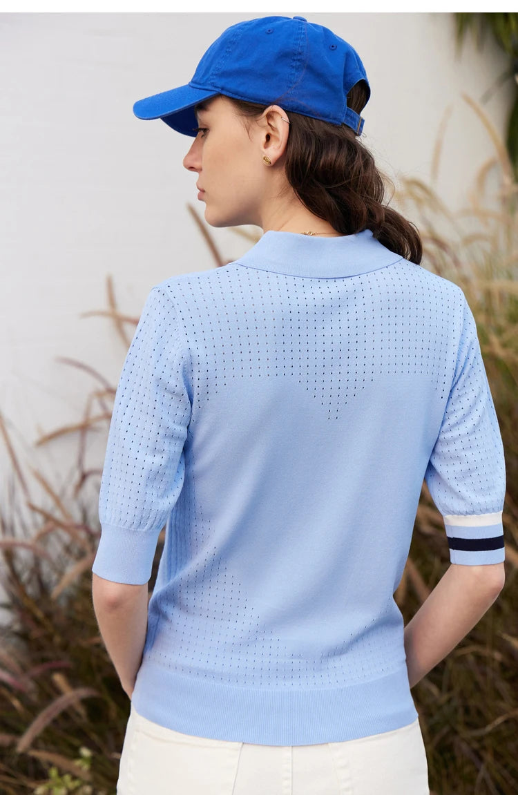 Damen Pullover im Minimalismus-Stil mit Polo-Ausschnitt und Kontrastfarben
