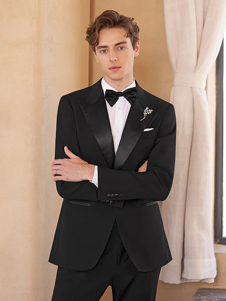 Eleganter Herrenanzug aus 30% Wolle: Schwarzer Slim Fit Ein-Knopf-Blazer für Hochzeiten und Feiern