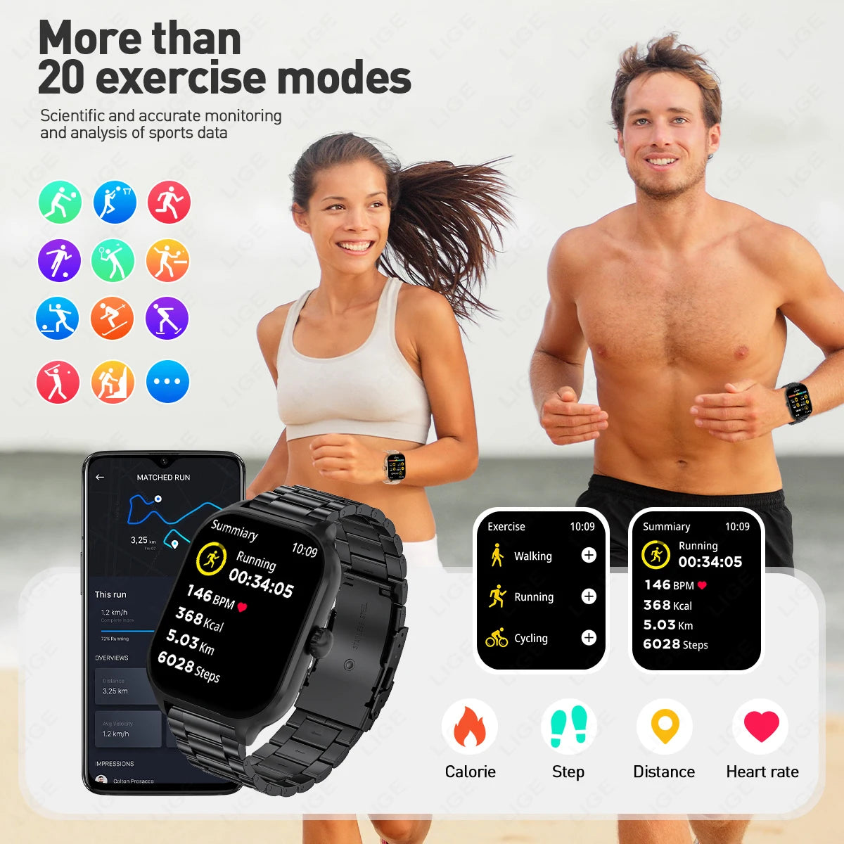 LIGE Smart Watch 2,01" HD-Bildschirm Bluetooth Sprachanruf Multi-Sportmodi Herzfrequenz-Schlafüberwachung Smartwatch für Männer Frauen