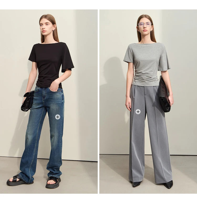 Damen T-Shirt im Minimalismus-Stil mit asymmetrischem Slash Neck und Raffen