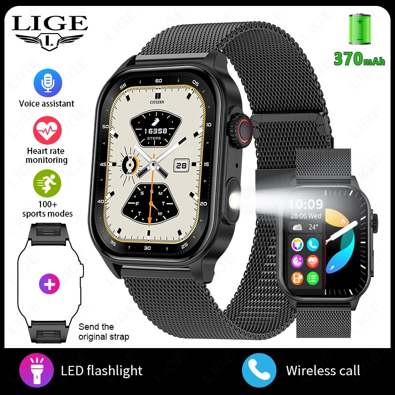 LIGE Neue Smartwatch für Herren, robust, Militär, Bluetooth, Anruf, Sport, Herzfrequenz, IP68, wasserdicht, Outdoor-Smartwatches mit Taschenlampe