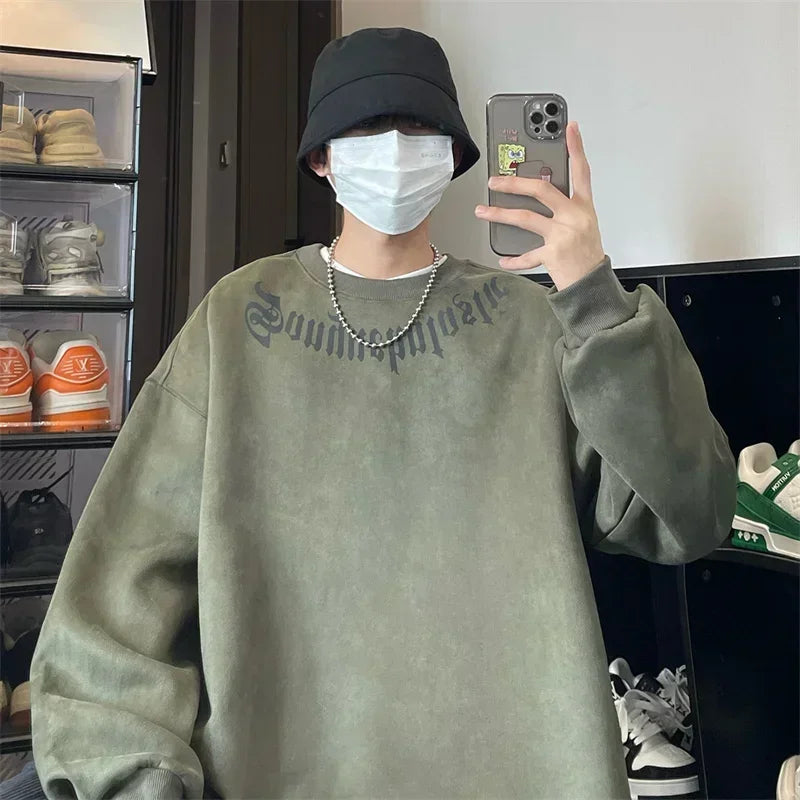 Frühlings-Herren-Sweatshirt aus Wildleder mit Goth-Buchstaben-Aufdruck, übergroße Pullover mit Rundhalsausschnitt, Hoodies, 2025, neue Y2K-Vintage-Fleece-Sudaderas
