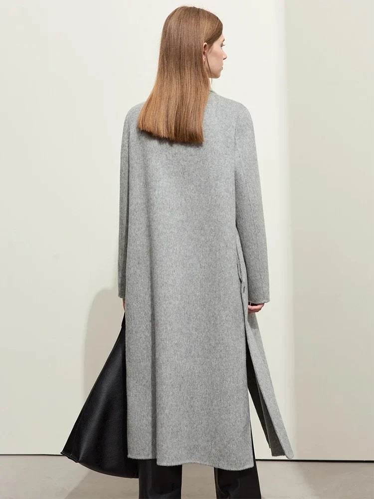 Damen Wollmantel im Minimalistischen Stil mit Stehkragen und Doppelseitigem Schlitz