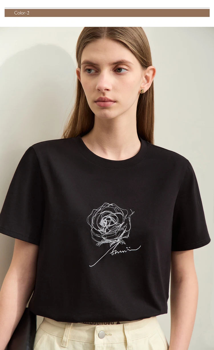 Damen Kurzarm-T-Shirt im minimalistischen Stil mit O-Ausschnitt und Stickerei