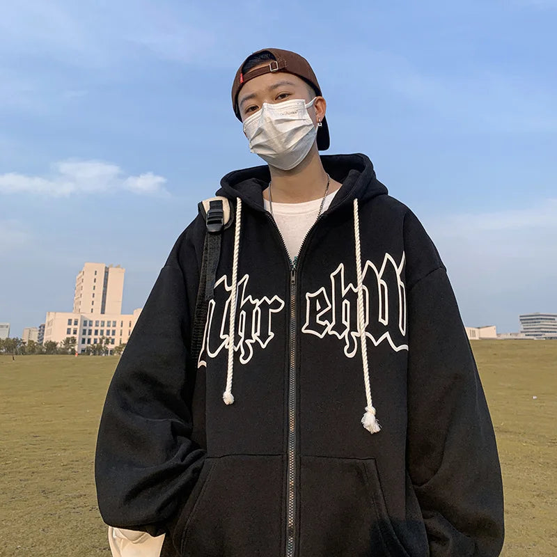 Herren Hoodie mit Gothic Letter Foam Print und Reißverschluss für Streetwear