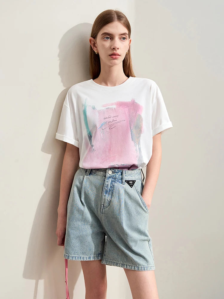 Damen T-Shirts im minimalistischen Stil mit abstraktem Druck für den Sommer