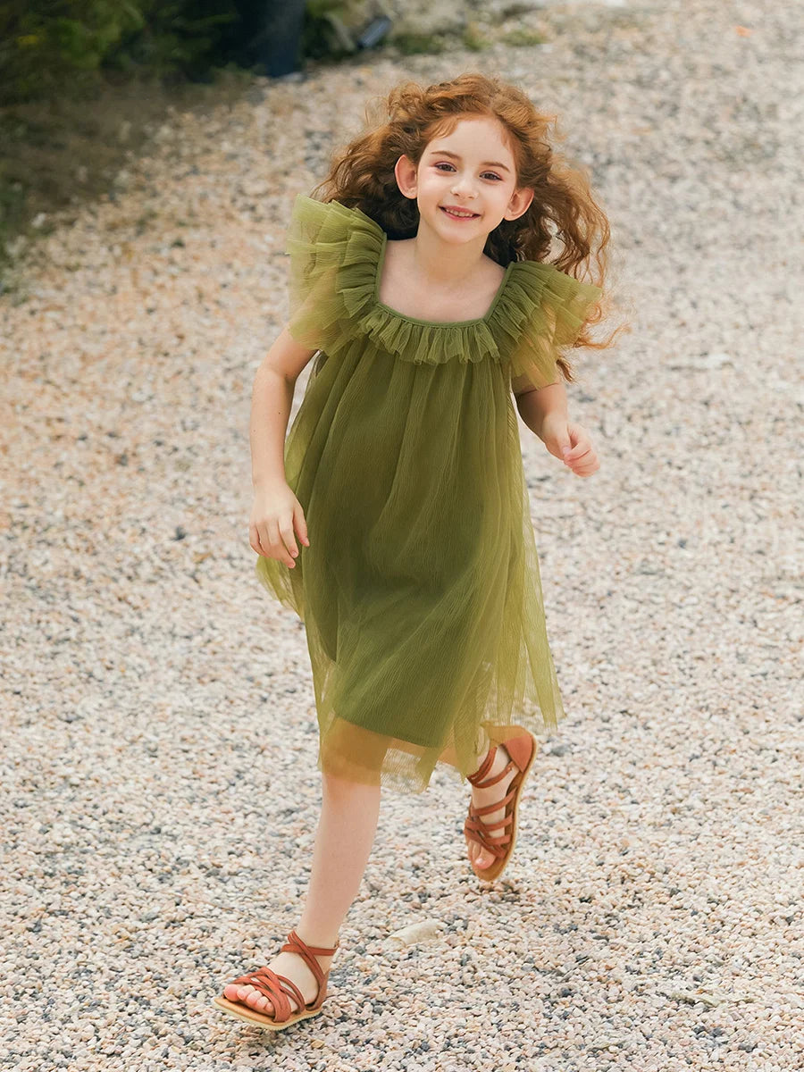 Beiges Sommerkleid für Mädchen im französischen Prinzessinnenstil mit kurzen Ärmeln – ideal für Geburtstagsfeiern und Hochzeiten, geeignet für Kinder von 110 cm bis 170 cm