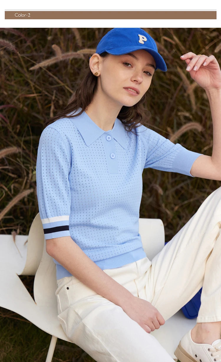 Damen Pullover im Minimalismus-Stil mit Polo-Ausschnitt und Kontrastfarben