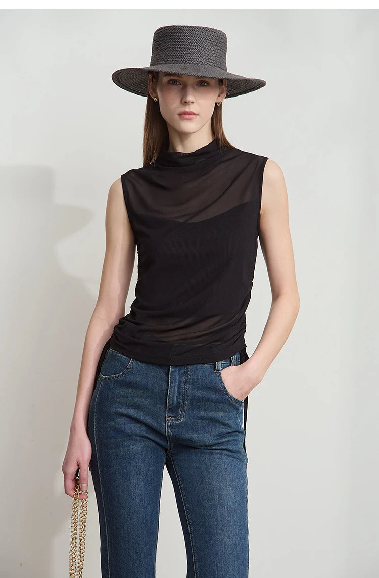 Damen T-Shirts im Sommer-Stil mit solidem ärmellosem Rollkragen für Büro