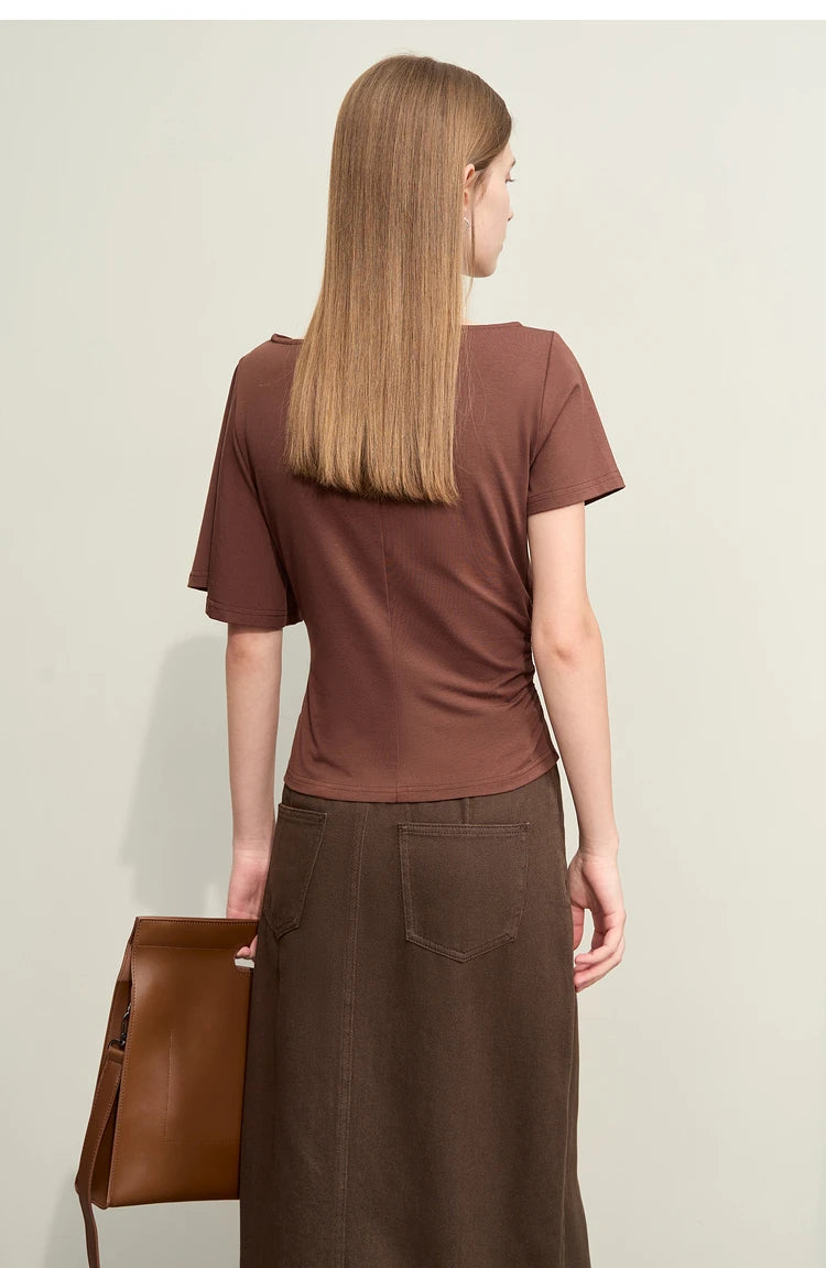 Damen T-Shirt im Minimalismus-Stil mit asymmetrischem Slash Neck und Raffen
