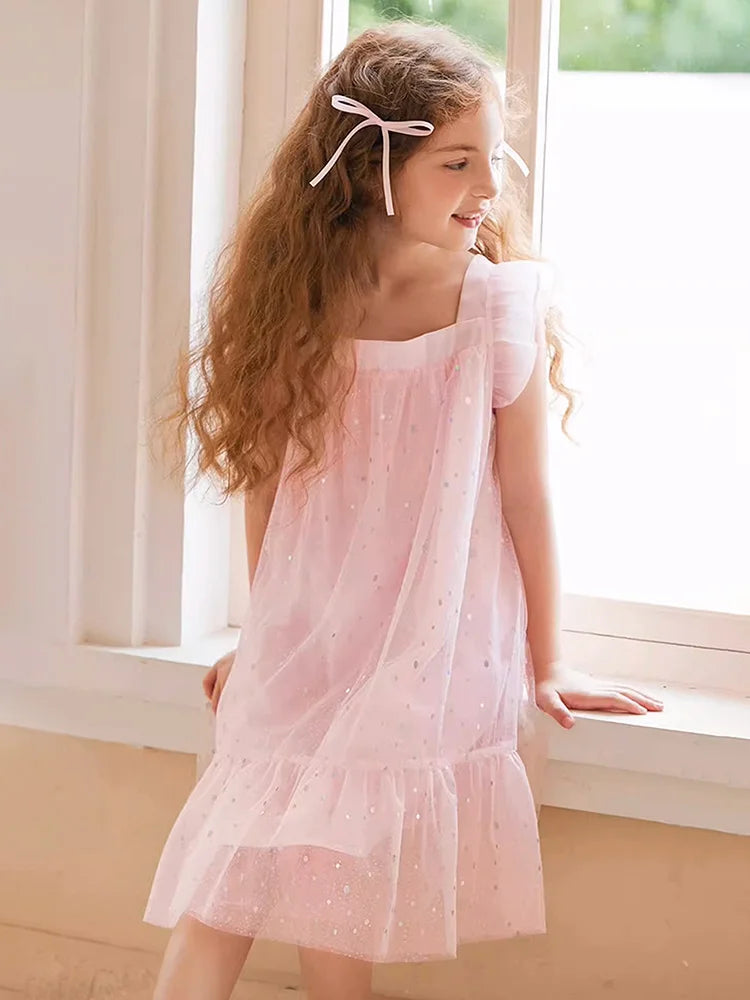 Rosa Prinzessinnen-Kleid für Mädchen mit Pailletten und Gaze – Sommerliches Partykleid für Kinder von 3 bis 12 Jahren