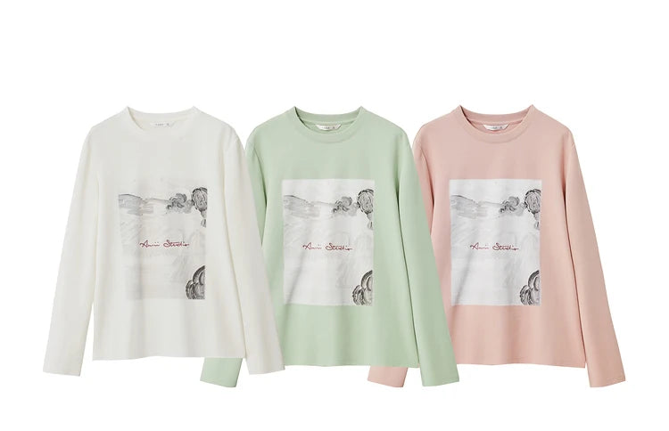 Damen T-Shirt im Minimalismus-Stil mit Kunstdruck und Stickerei für den Herbst