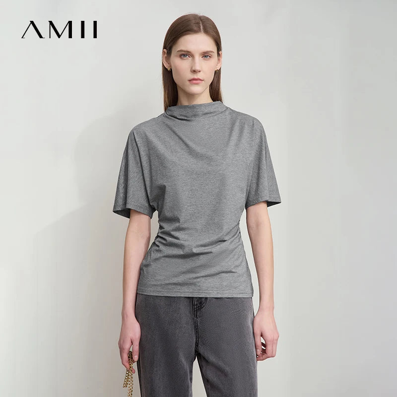 Damen T-Shirt im minimalistischen Sommer-Stil mit solidem Rollkragen und Kurzarm