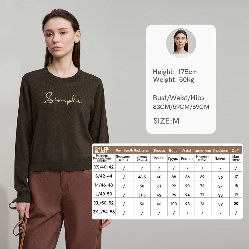 Braunes Langarm-T-Shirt mit „Simple“-Schriftzug und Rundhalsausschnitt