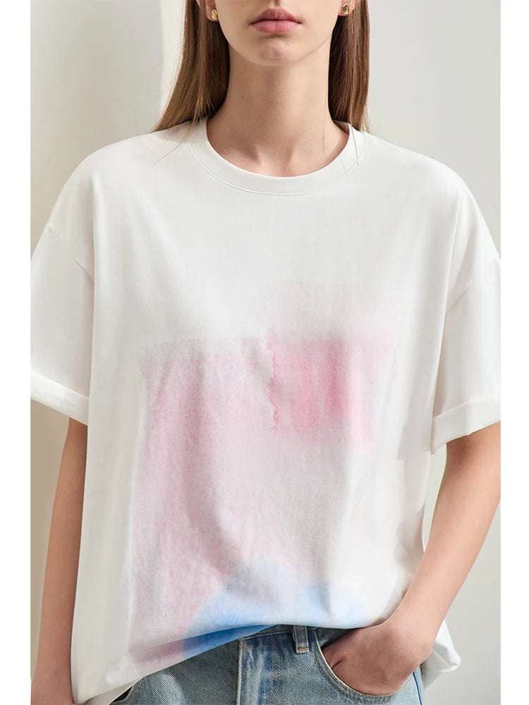 Damen T-Shirts im Minimalismus-Stil mit abstraktem Druck aus Baumwolle