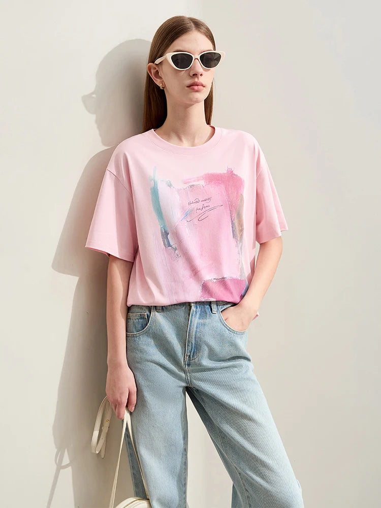 Damen T-Shirts im minimalistischen Stil mit abstraktem Druck für den Sommer