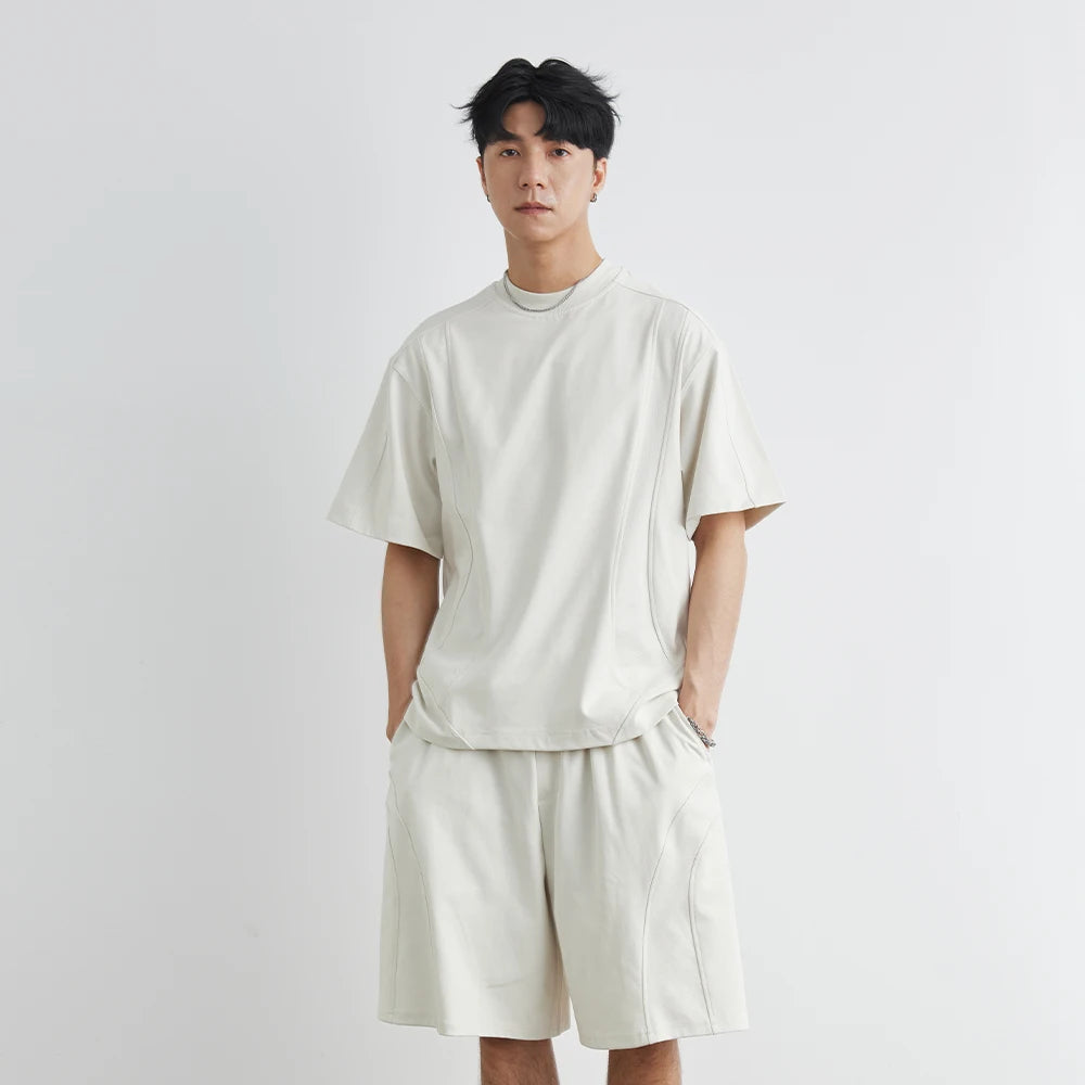 Männer Sport Anzug mit einfarbigem Rundhals T-Shirt und Kordelzug Shorts