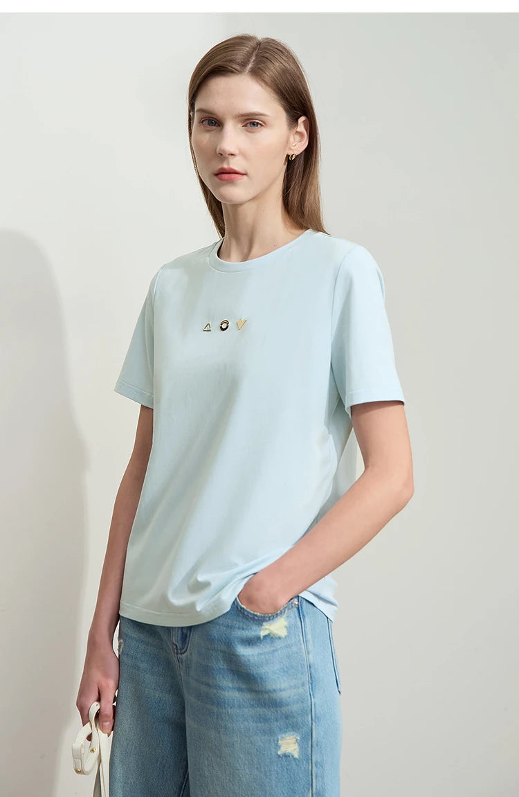 Damen T-Shirt mit O-Ausschnitt und geometrischer Dekoration aus antibakterieller Baumwolle