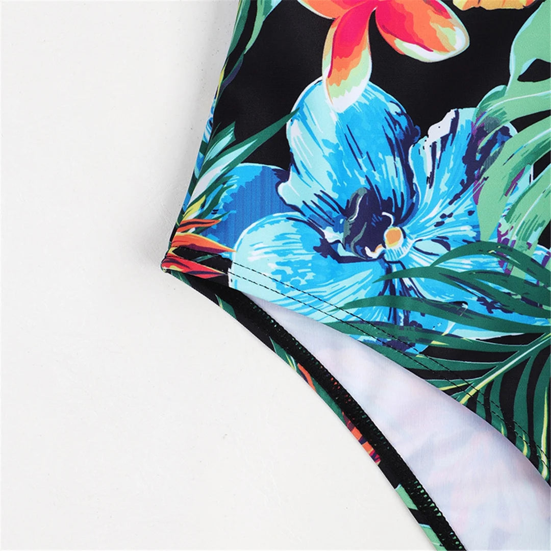 Damen Badeanzug Blätter Print Bügel BH-Cup Monokini Einteiler