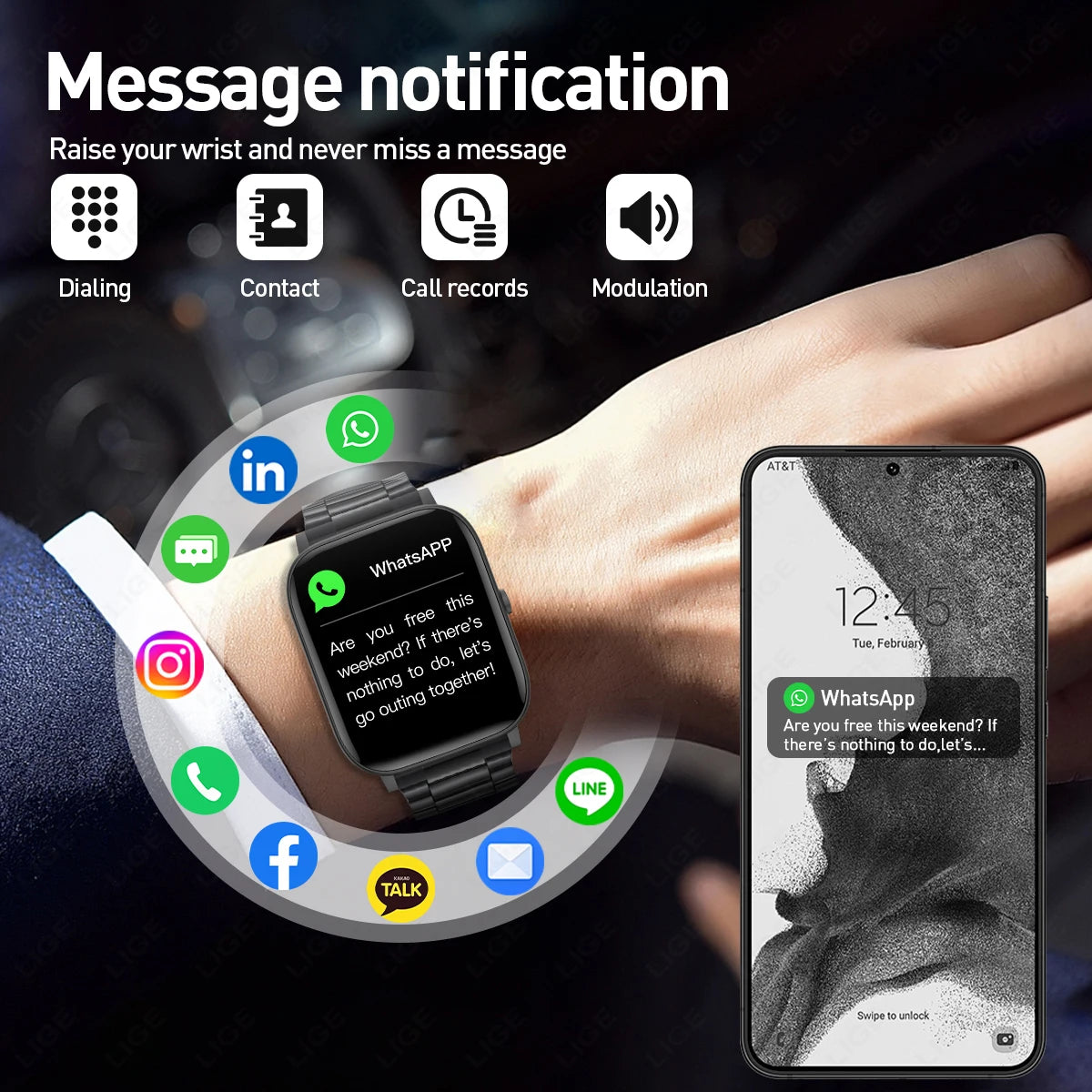 LIGE Modische Smartwatch für Damen, 1,85 Zoll HD-Bildschirm, individuelles Zifferblatt, Herren-Gesundheitsmonitor, Uhr, Bluetooth-Anruf, Sport-Smartwatches