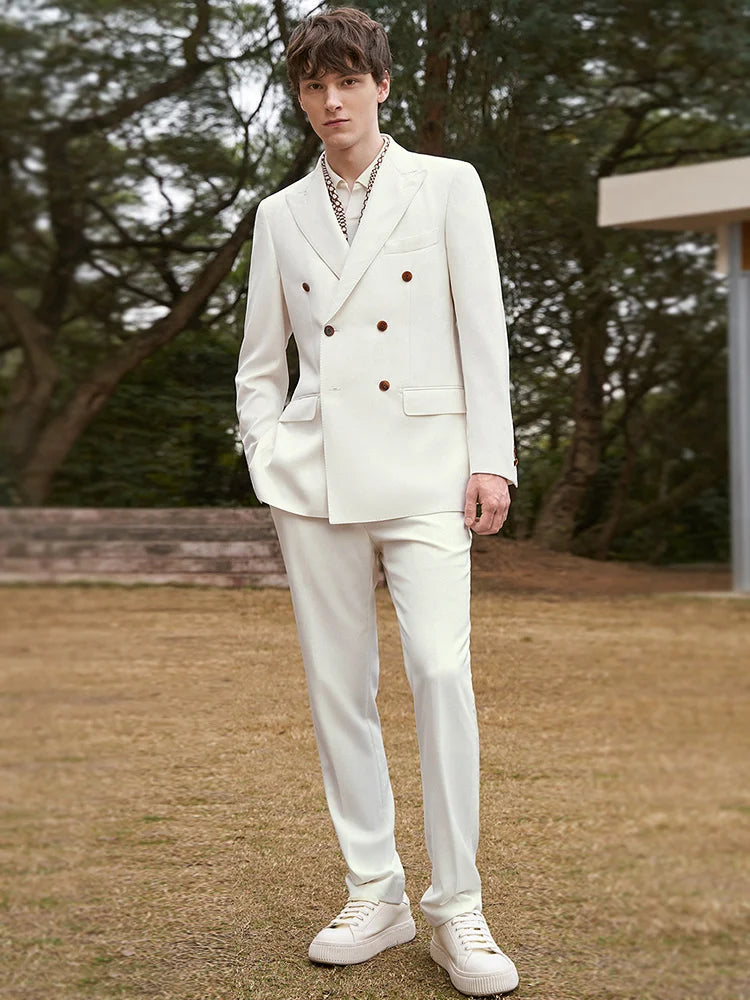 Hochwertiger Herrenanzug aus Wolle-Kaschmir, Weiß, Slim Fit, Doppelreiher für Hochzeit und Business.