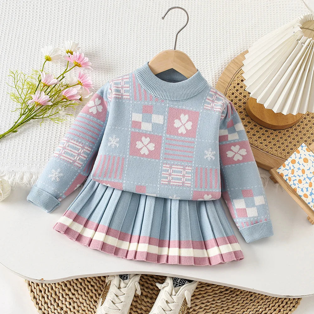 Mädchen Kleidung Set mit O-Neck Stricken Tops und Falten Röcken