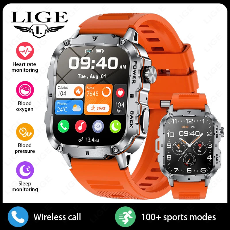 LIGE Outdoor Militär Sport Smart Uhr Männer Frauen Fitness Track Herzfrequenz Blut Sauerstoff Wasserdicht BT Anruf 1,95-Zoll Smartwatch