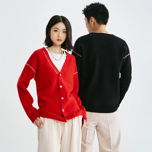 100% Wolle Strickjacke Herren und Damen koreanische Version einfache V-Ausschnitt Langarm Mantel Frühling und Herbst Liebhaber Trend Pullover