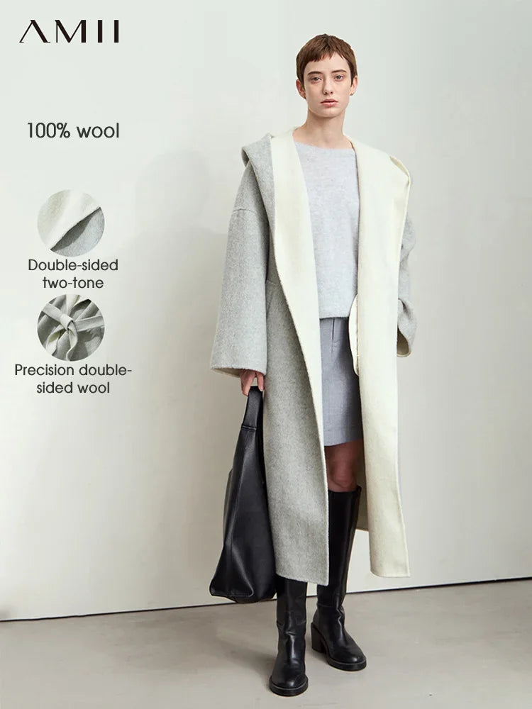 Damen Farbkontrast Wollmantel mit Kapuze und Tropfenärmeln für den Winter
