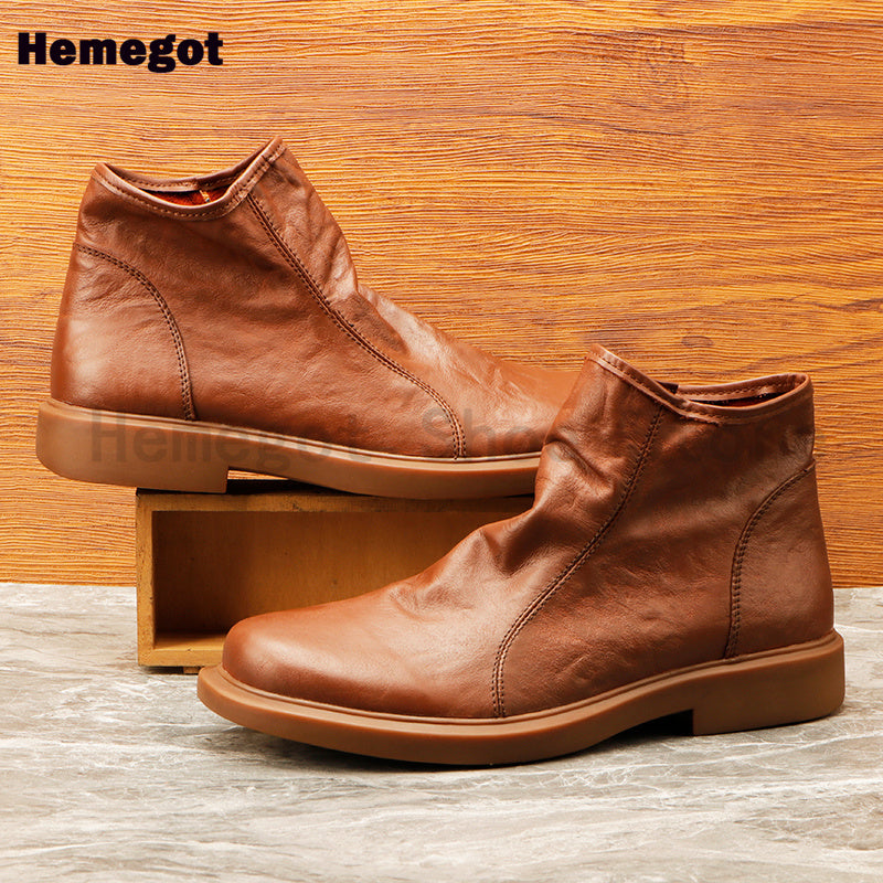 Braune Herren-High-Top-Boots aus Leder mit seitlichem Reißverschluss, leichter Knöchel-Schnitt