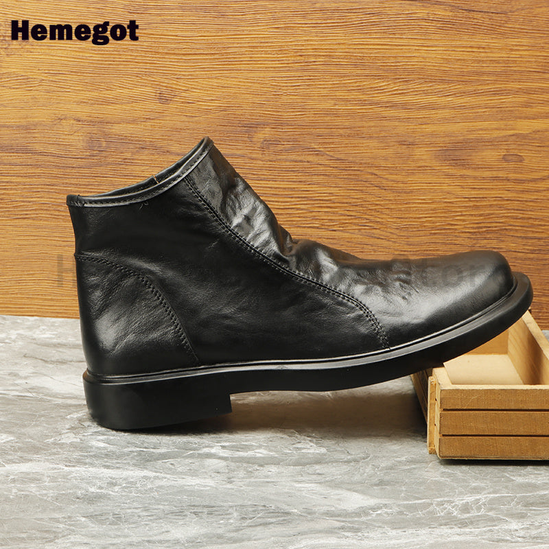 Schwarze Herren-High-Top-Stiefelette aus Leder mit seitlichem Reißverschluss, niedriger Absatz