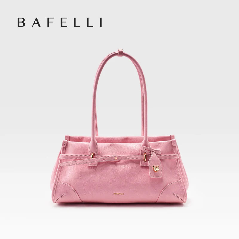 Rosa Handtasche mit Tragehenkeln und goldenen Beschlägen, Saffiano-Optik