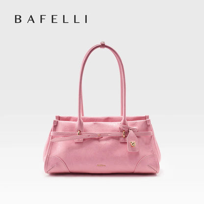 Rosa Handtasche mit Tragehenkeln und goldenen Beschlägen, Saffiano-Optik
