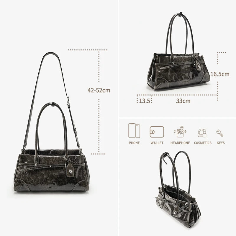 Handtasche aus Saffiano-Lederoptik, schwarze Variante, mit Maßen und Zubehör-Icons