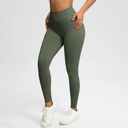Nahtlose High-Stretch-Leggings in Olivgrün, körperbetont mit langem Bein