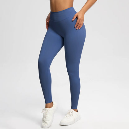 Nahtlose High-Stretch-Leggings dunkelblau, Vorderansicht mit hohem Bund