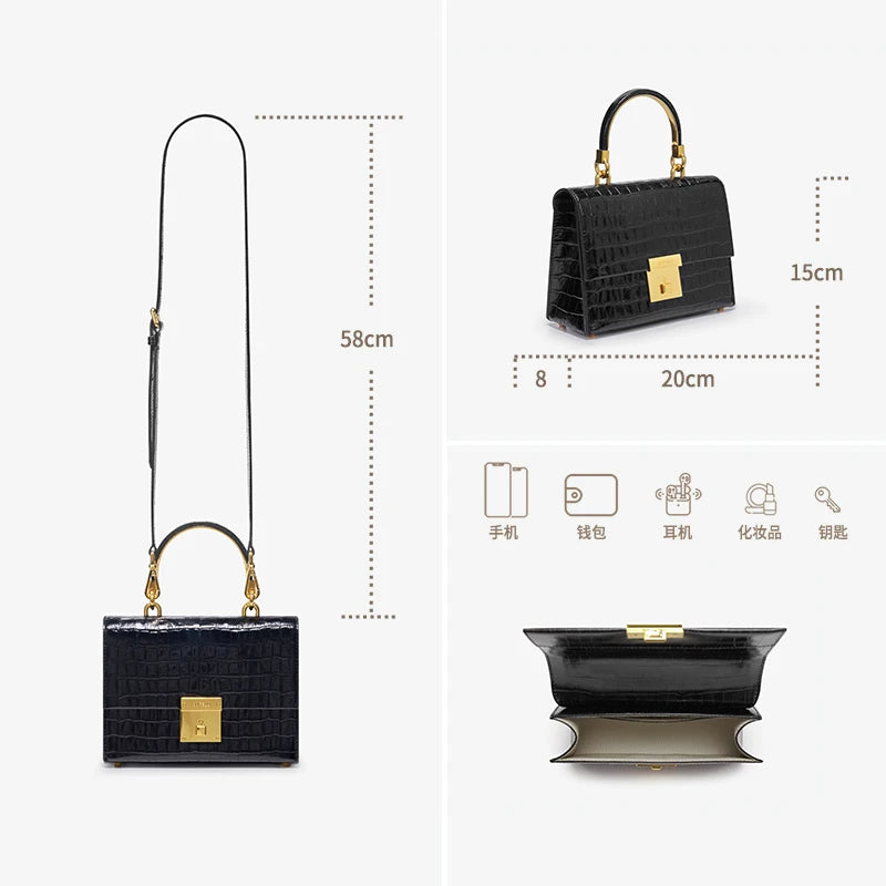 Damenhandtasche mit Krokodillederoptik, schwarze Boxform, Maße & Details im Überblick