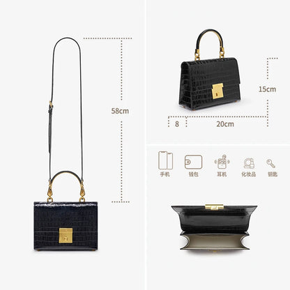 Damenhandtasche mit Krokodillederoptik, schwarze Boxform, Maße & Details im Überblick