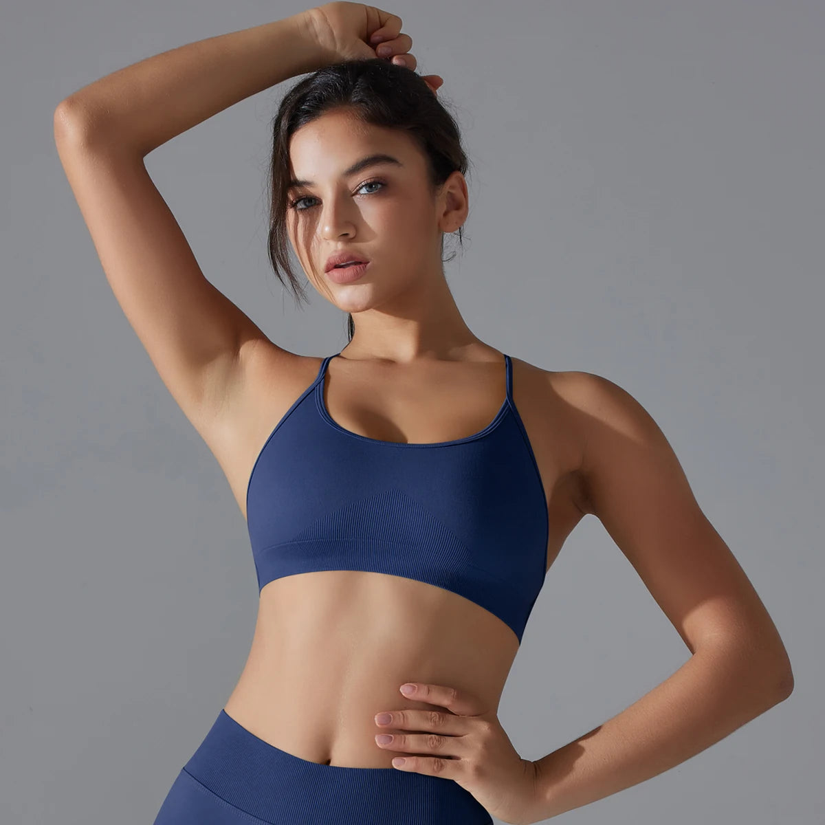 Nahtloser Fitness-BH von Schock, blauer Sport-BH mit elastischem Unterbrustband