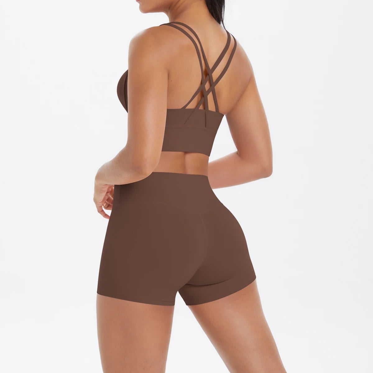 Damen-Yoga-Set Braun: Rückenansicht mit Trägern, Crop-BH und kurze Leggings