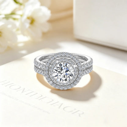 Damen-Verlobungsring-Set aus 925er Silber mit Moissanit Doppel-Halo 7 mm 1,2 ct Luxus-Schmuck