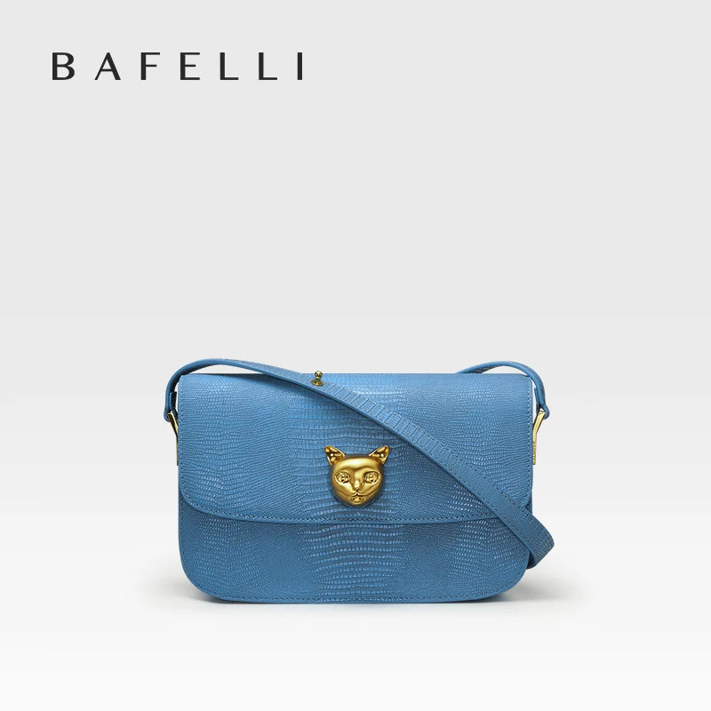Kastenförmige Ledertasche, Retro-Blue Umhängetasche mit Katzenkopf-Schließe
